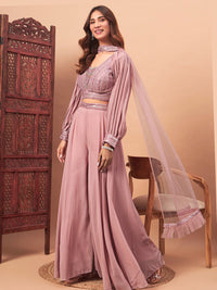 Chhabra 555 Pastel Pink Sequin Embellished Crop-Top Palazzo Set with Jasmine style Cape Sleeves 