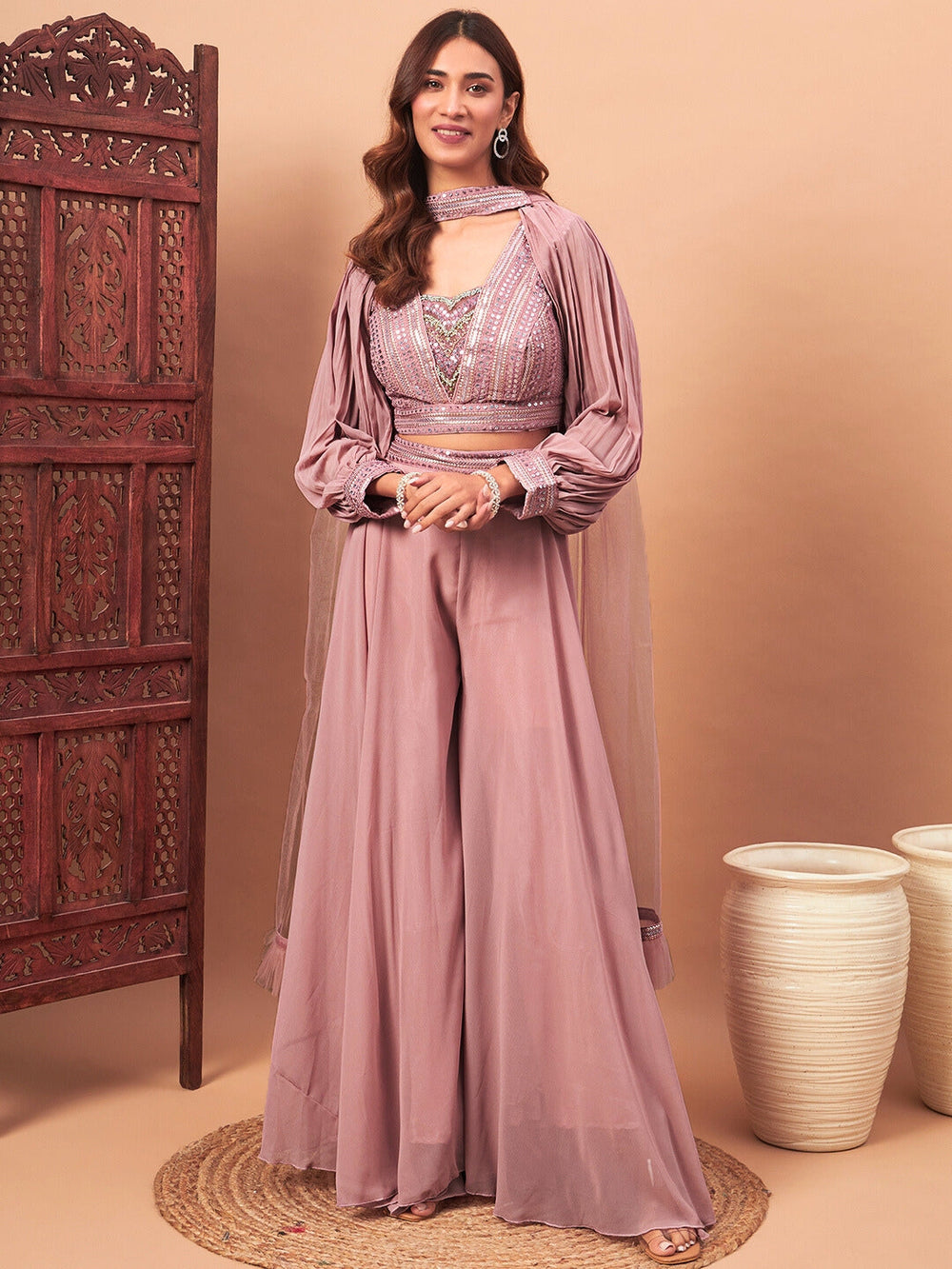 Chhabra 555 Pastel Pink Sequin Embellished Crop-Top Palazzo Set with Jasmine style Cape Sleeves 