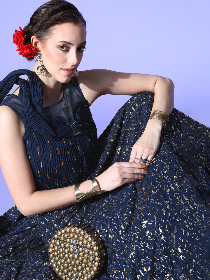 Navy Blue Foil Print Embellished Flared Long Party Wear Cocktail Gown