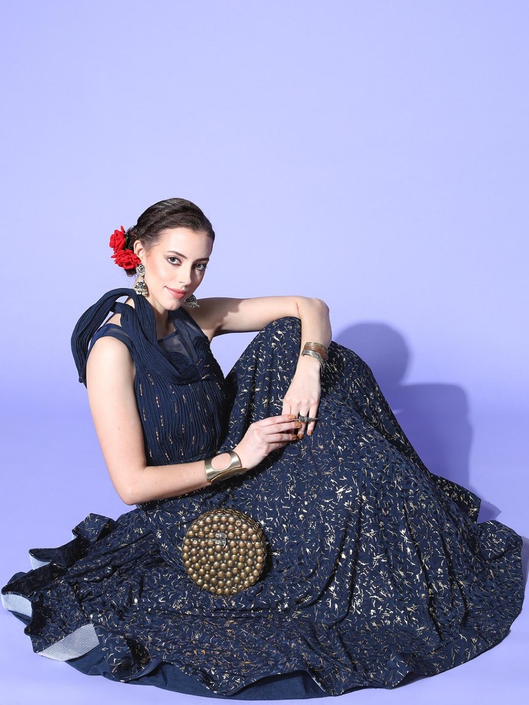 Navy Blue Foil Print Embellished Flared Long Party Wear Cocktail Gown