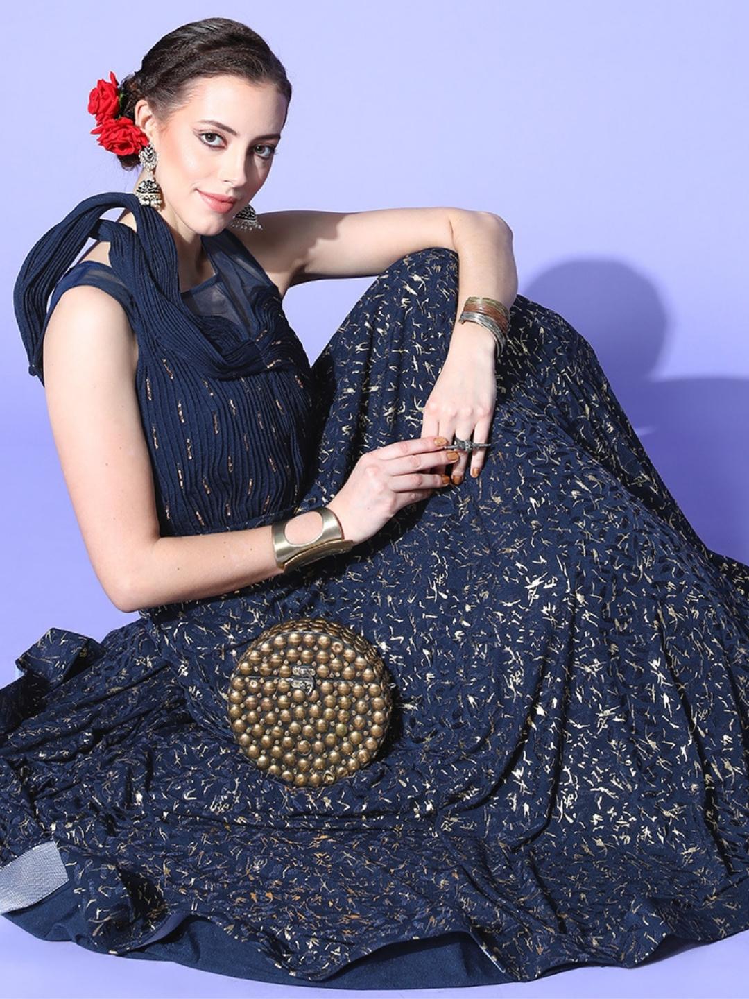 Navy Blue Foil Print Embellished Flared Long Party Wear Cocktail Gown