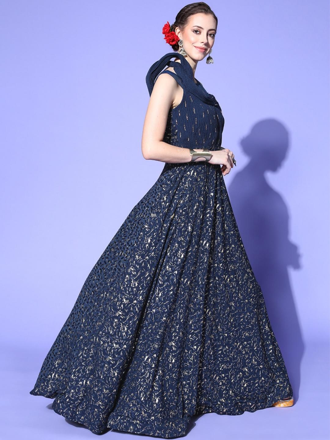 Navy Blue Foil Print Embellished Flared Long Party Wear Cocktail Gown