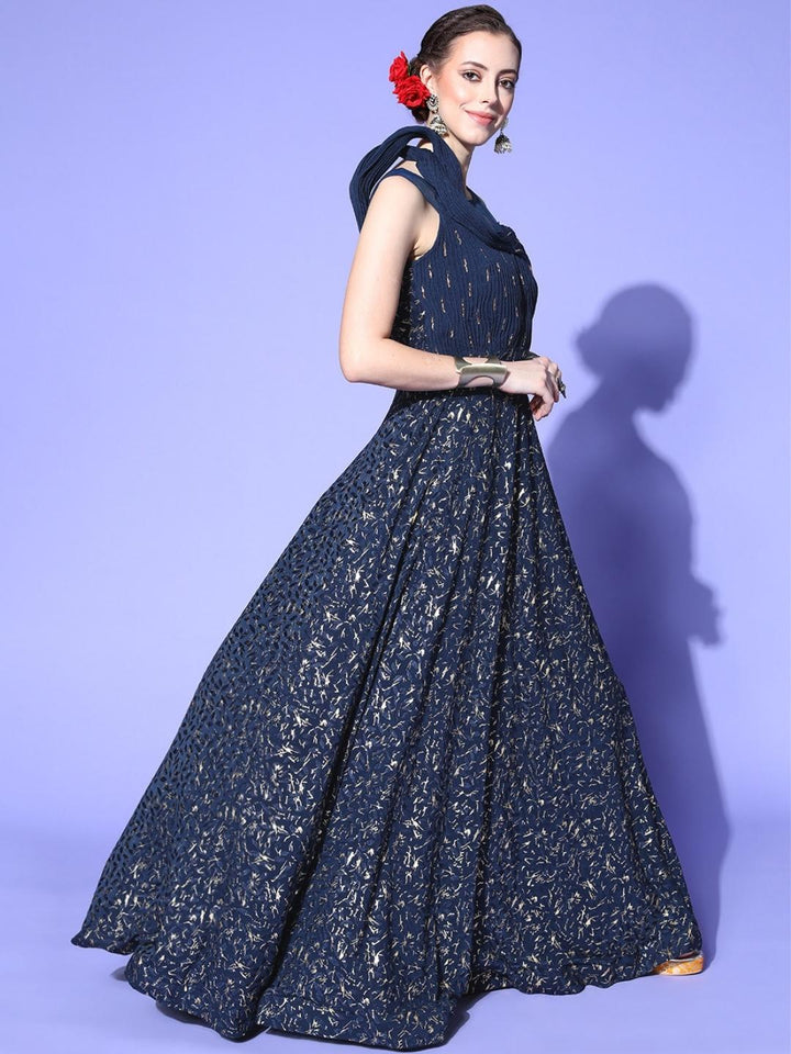 Navy Blue Foil Print Embellished Flared Long Party Wear Cocktail Gown