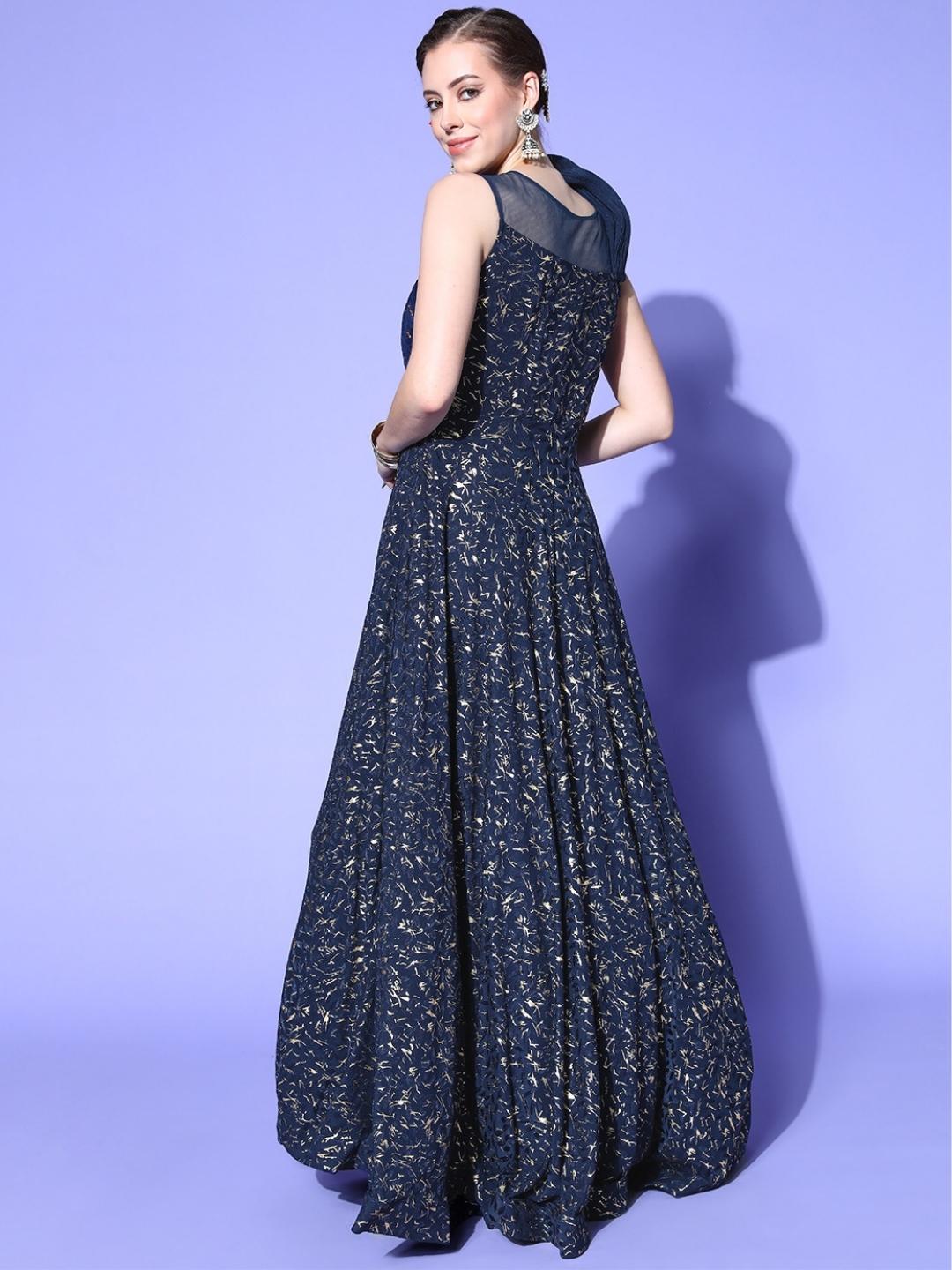 Navy Blue Foil Print Embellished Flared Long Party Wear Cocktail Gown
