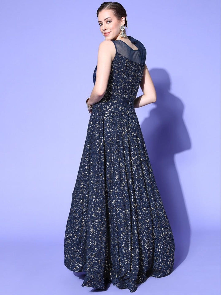 Navy Blue Foil Print Embellished Flared Long Party Wear Cocktail Gown