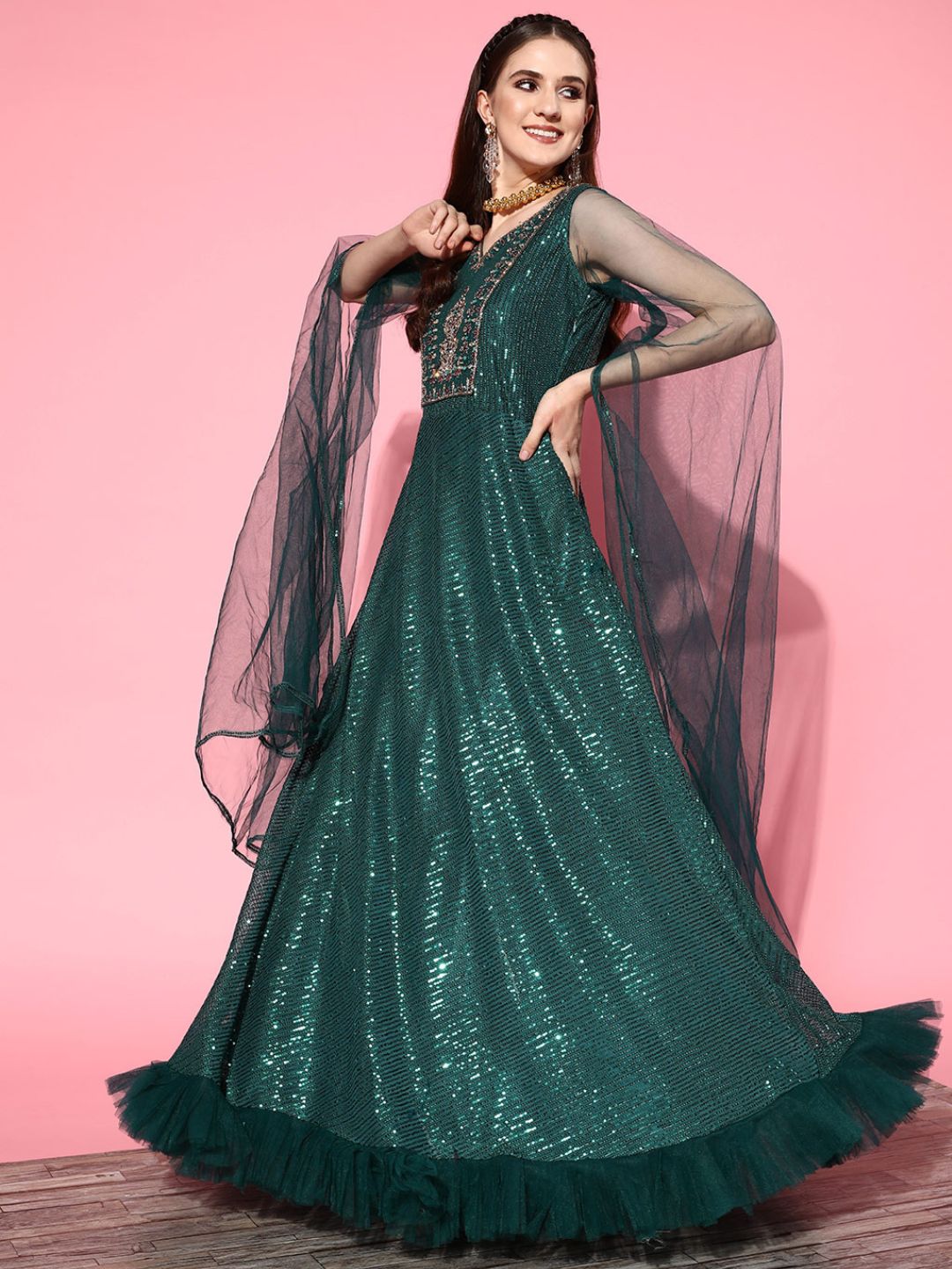 Sequinned Bling Cocktail Gown with Long Cape Style Sleeves