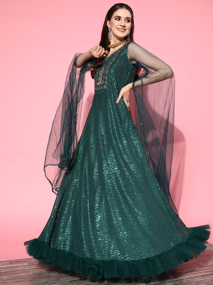 Sequinned Bling Cocktail Gown with Long Cape Style Sleeves