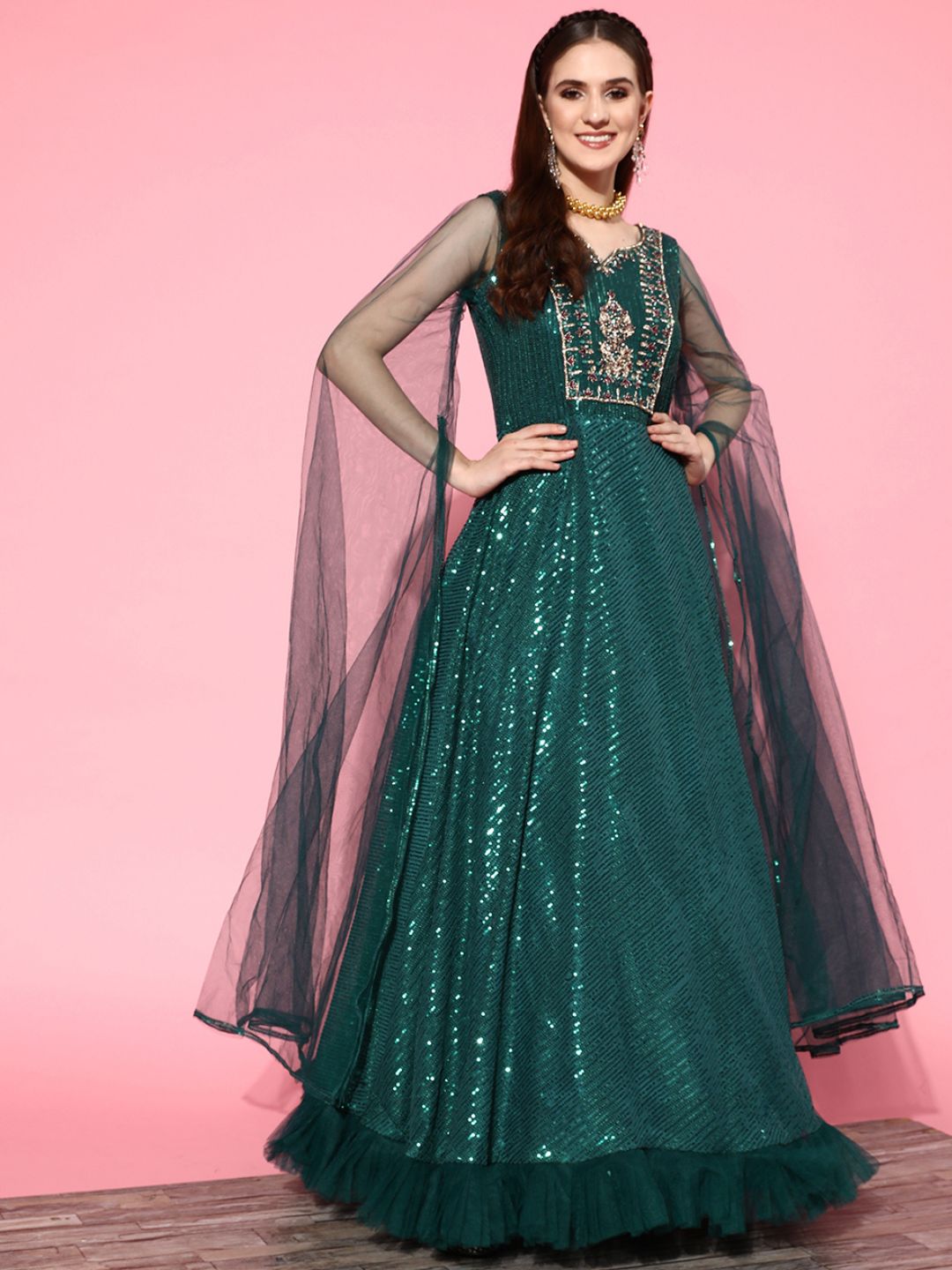 Sequinned Bling Cocktail Gown with Long Cape Style Sleeves