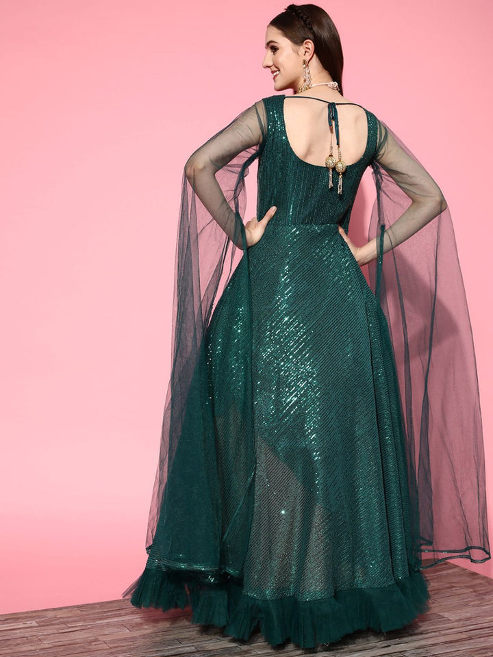 Sequinned Bling Cocktail Gown with Long Cape Style Sleeves