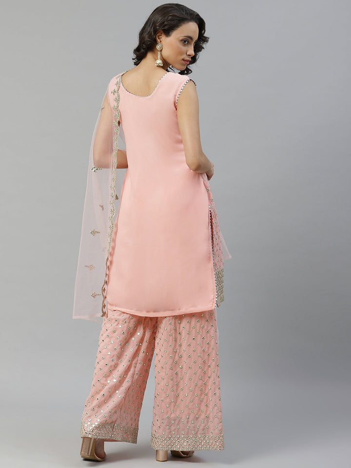 Pastel Pink Gota Patti & Mirror Embroidered Kurta Pallazo Set with Scalloped Dupatta