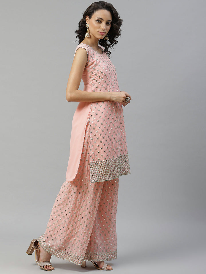 Pastel Pink Gota Patti & Mirror Embroidered Kurta Pallazo Set with Scalloped Dupatta
