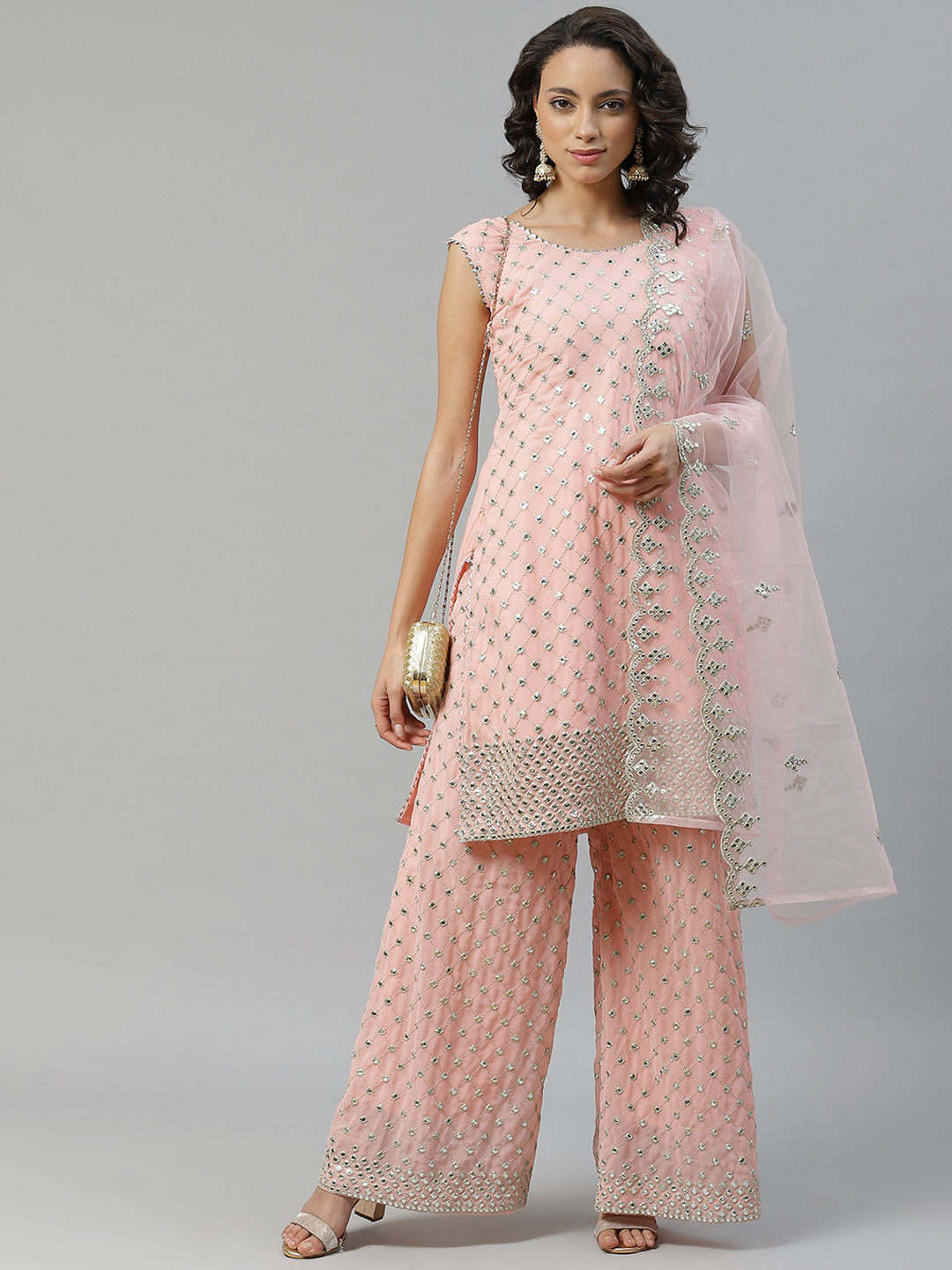 Pastel Pink Gota Patti & Mirror Embroidered Kurta Pallazo Set with Scalloped Dupatta