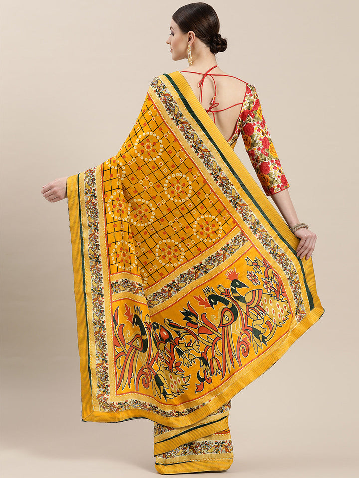 Peacock Motif Bandhani Satin Crepe Saree