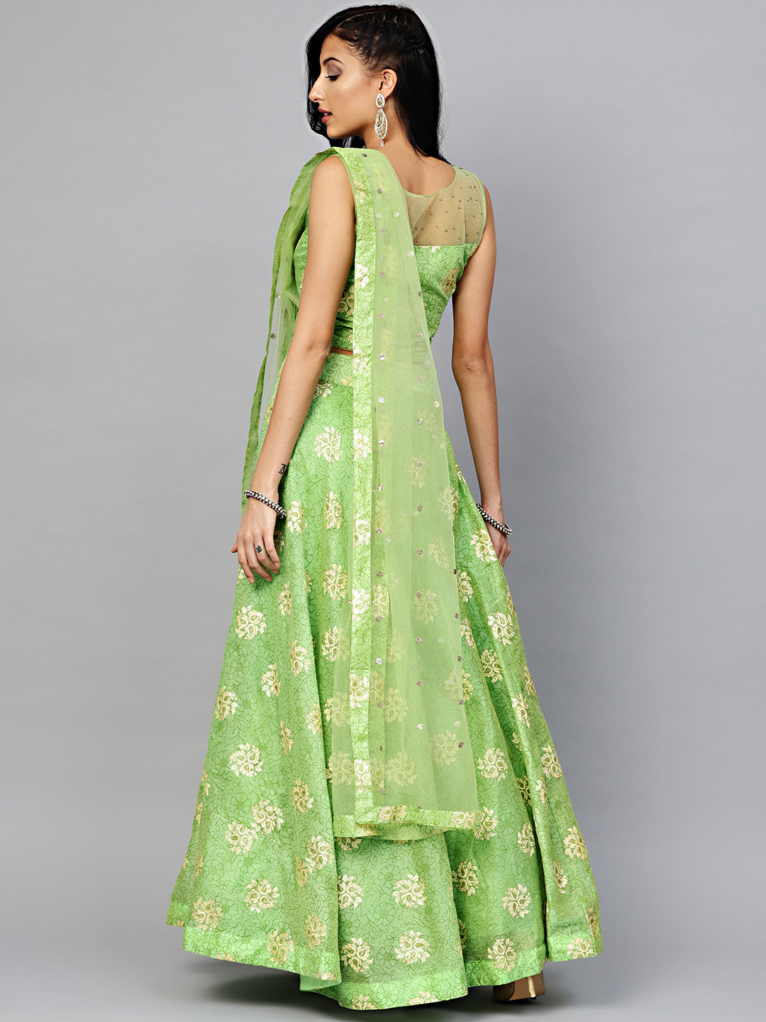 Embroidered Foil Print Crop Top Lehenga with Jeweled Neckline