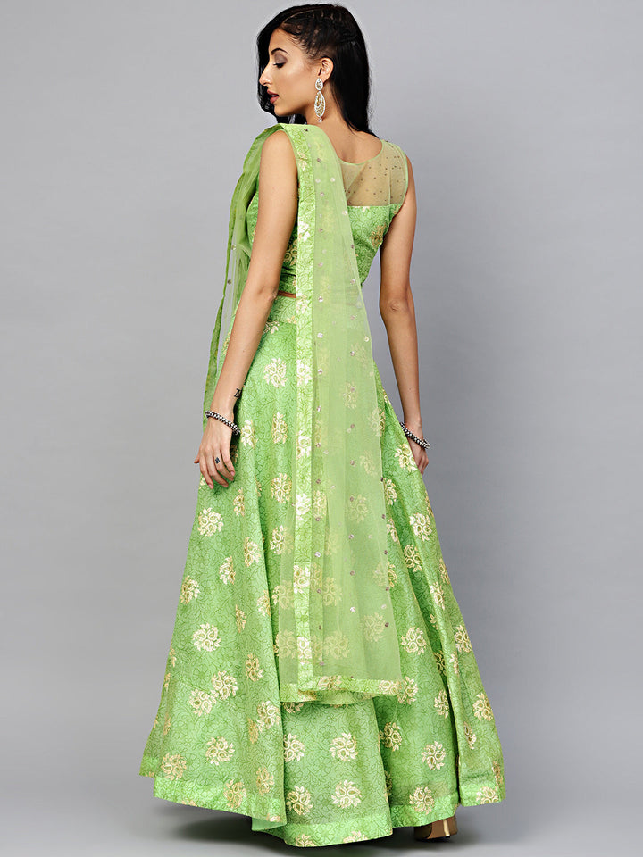 Embroidered Foil Print Crop Top Lehenga with Jeweled Neckline