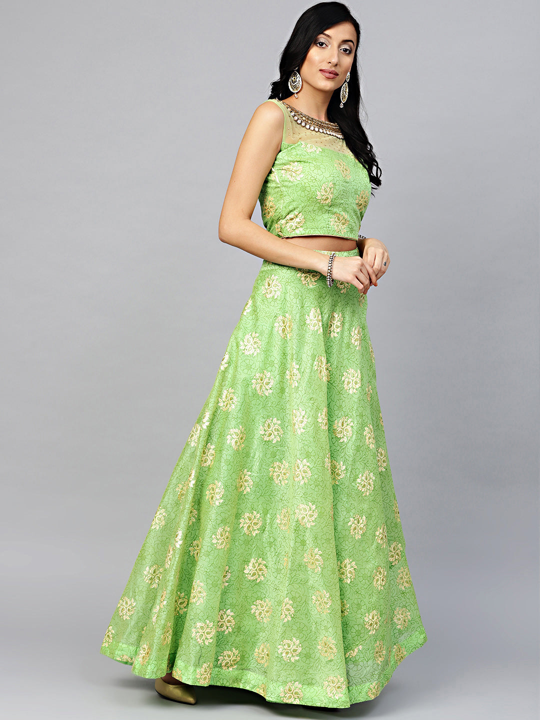 Embroidered Foil Print Crop Top Lehenga with Jeweled Neckline