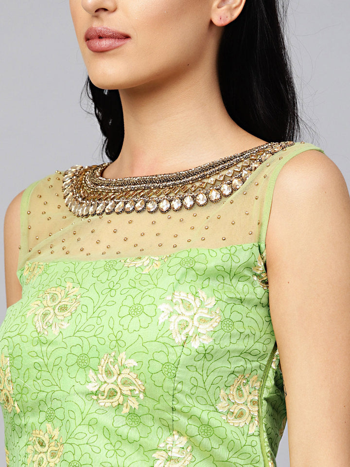 Embroidered Foil Print Crop Top Lehenga with Jeweled Neckline