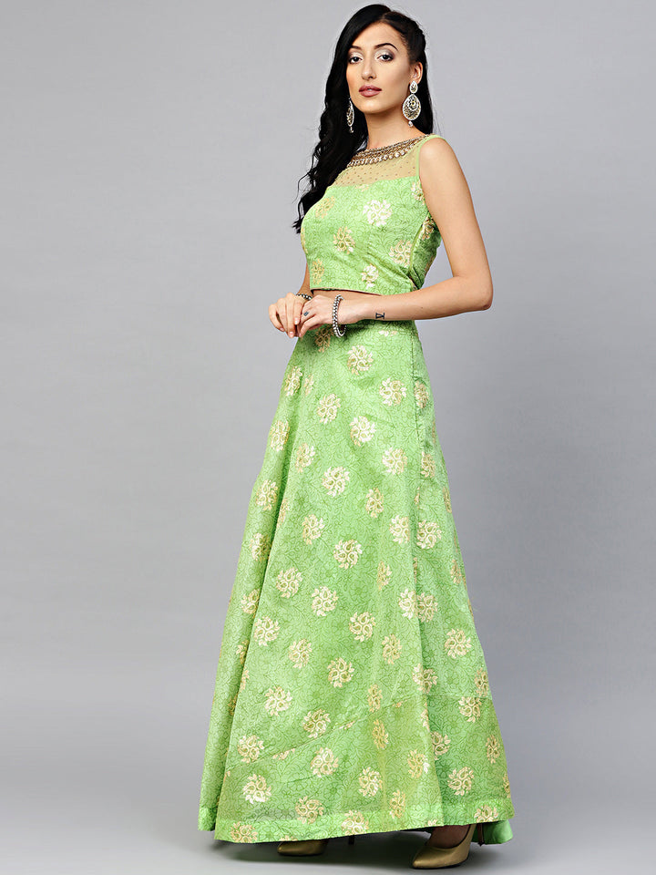 Embroidered Foil Print Crop Top Lehenga with Jeweled Neckline