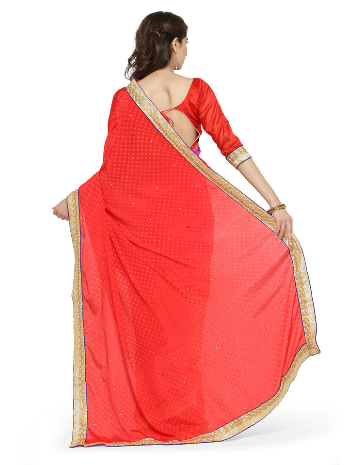 Red Ombre Embroidered Georgette Saree With Gold Zari Panelled Embroidery