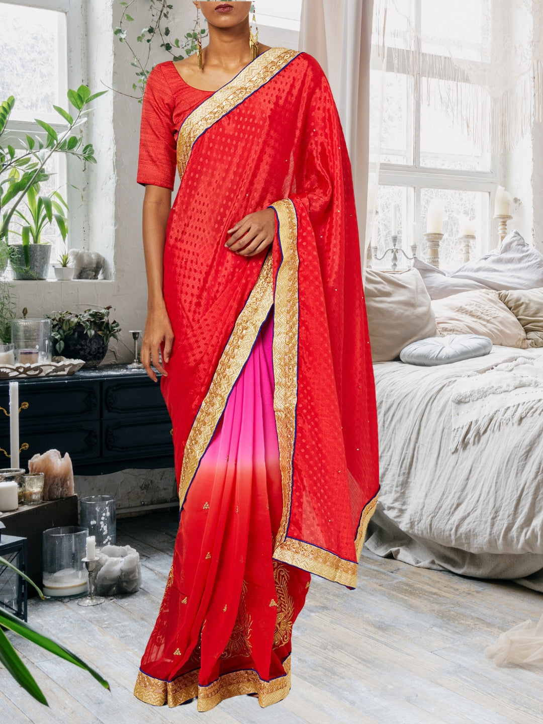 Red Ombre Embroidered Georgette Saree With Gold Zari Panelled Embroidery