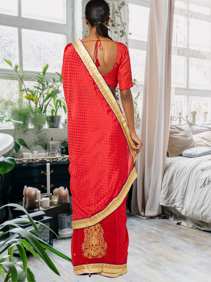 Red Ombre Embroidered Georgette Saree With Gold Zari Panelled Embroidery