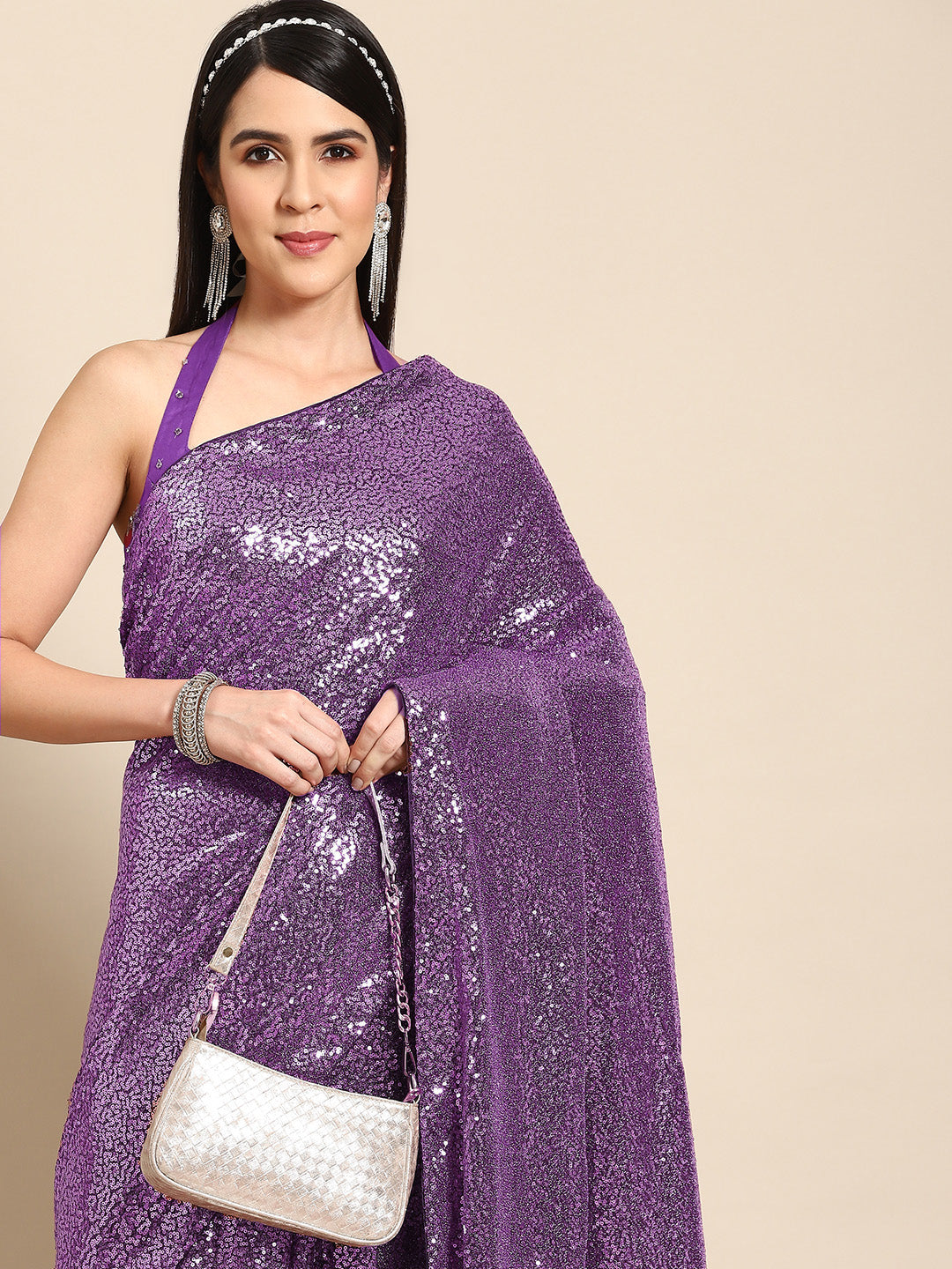 Metallic Gold Sequin Embellished Bling Lycra Cocktail Saree