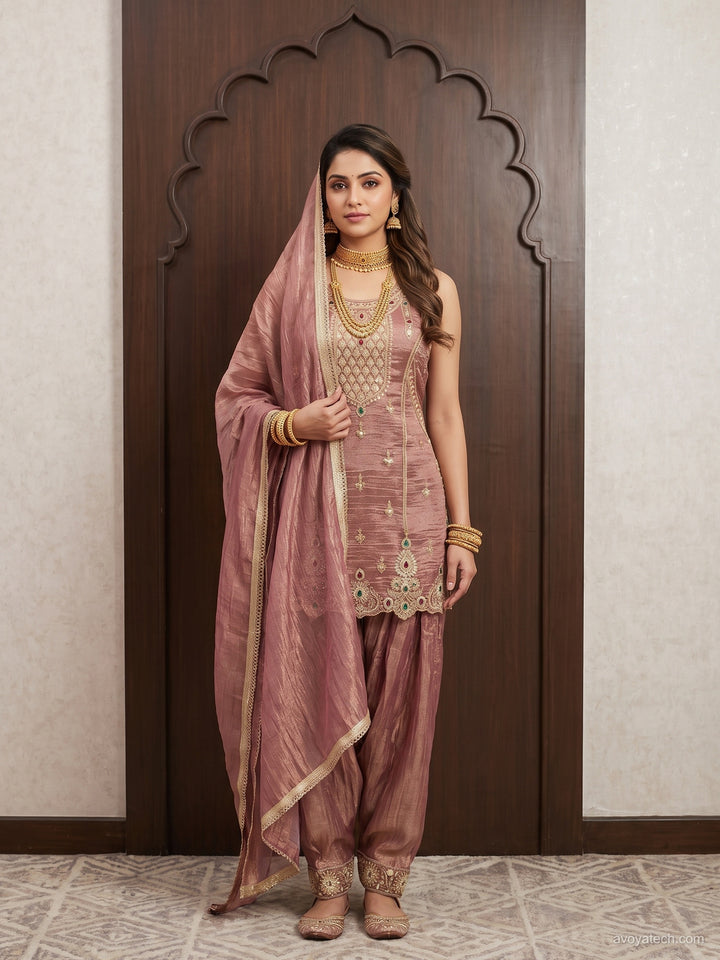 Dusty Pink Stone Embroidered Suit with Salwar and Dupatta