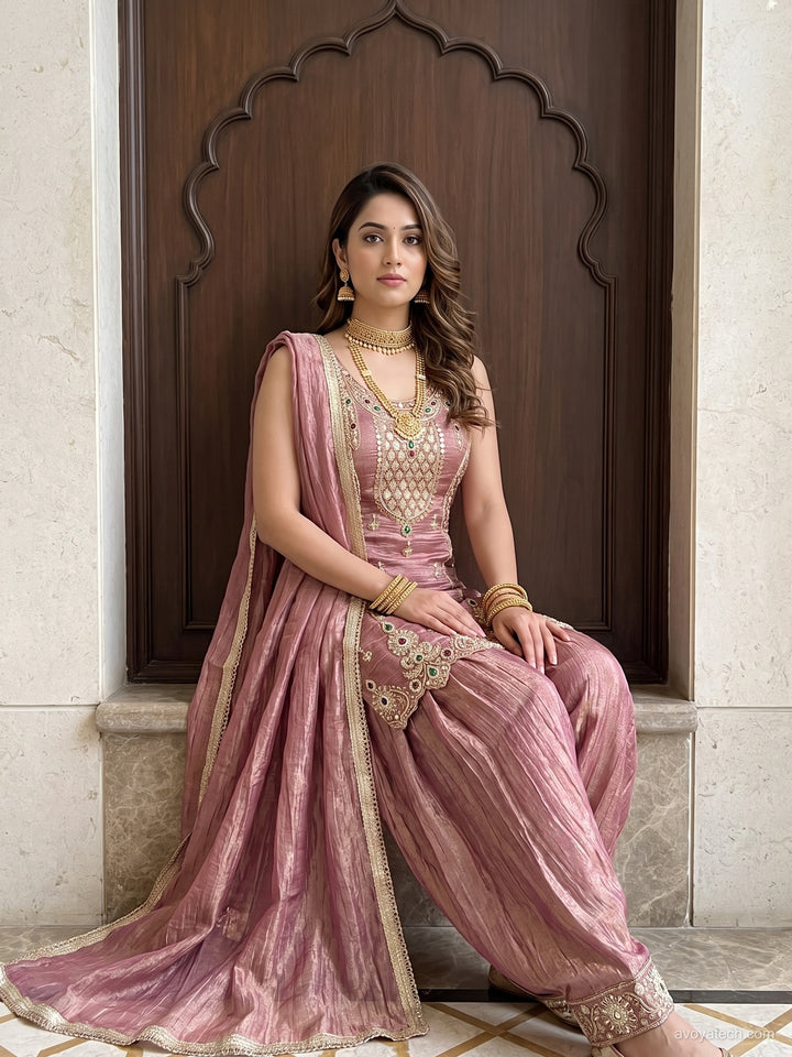 Dusty Pink Stone Embroidered Suit with Salwar and Dupatta