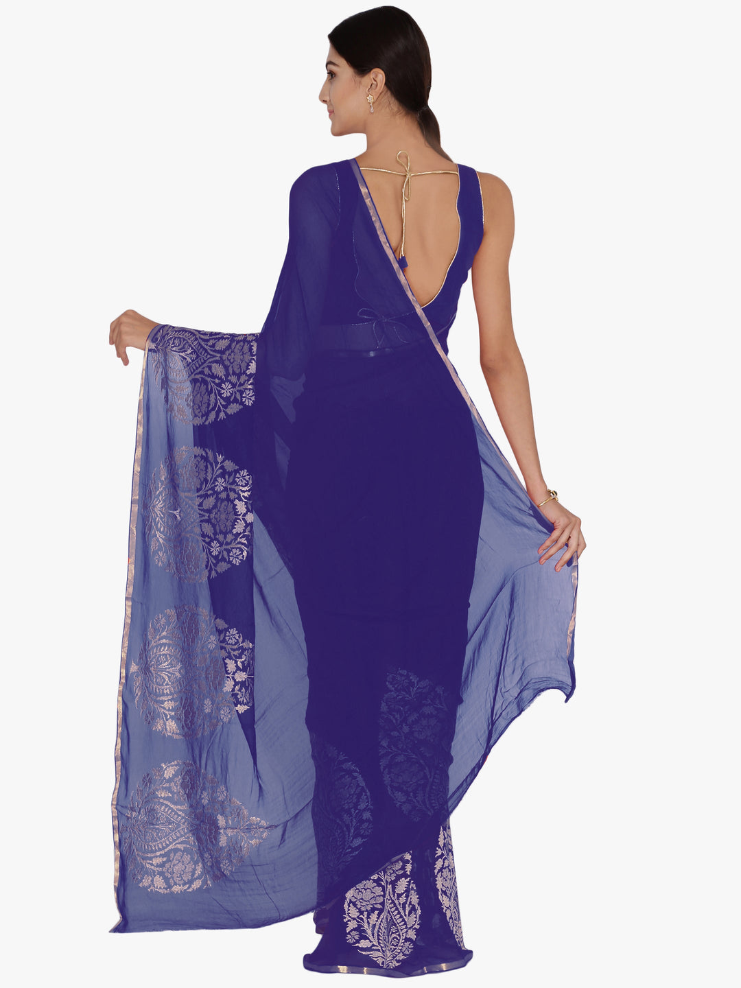 Blue Chiffon Woven Design Embellished Saree