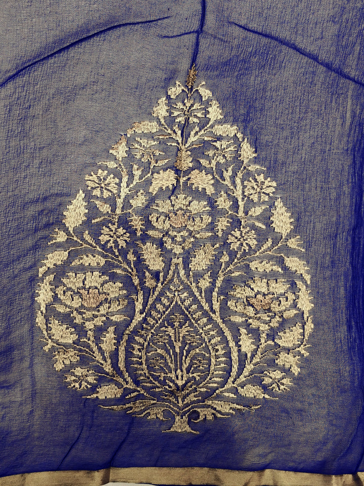 Blue Chiffon Woven Design Embellished Saree