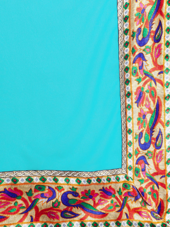 Turquoise Blue Color Georgette Saree with Art Silk Blouse piece