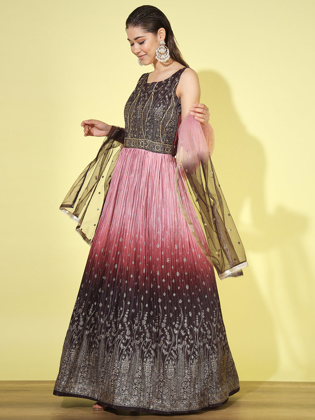 Pink Ombre Foil Print Flared Gown with Accordian Pleats & Net Dupatta