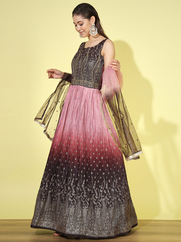 Pink Ombre Foil Print Flared Gown with Accordian Pleats & Net Dupatta