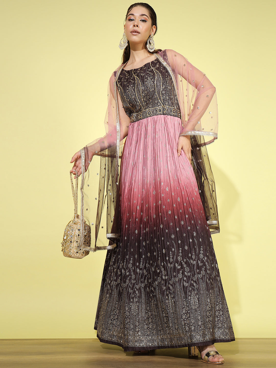 Pink Ombre Foil Print Flared Gown with Accordian Pleats & Net Dupatta