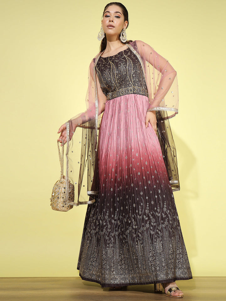 Pink Ombre Foil Print Flared Gown with Accordian Pleats & Net Dupatta