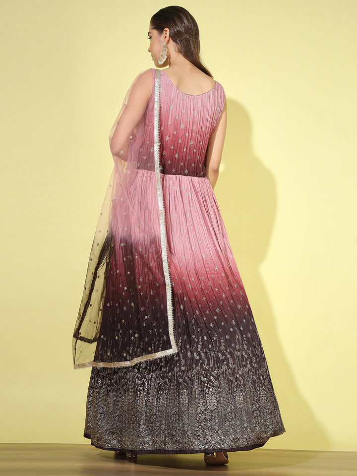 Pink Ombre Foil Print Flared Gown with Accordian Pleats & Net Dupatta