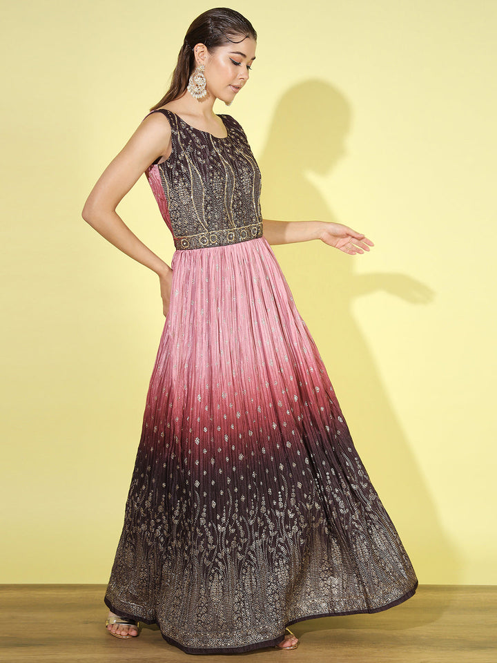 Pink Ombre Foil Print Flared Gown with Accordian Pleats & Net Dupatta