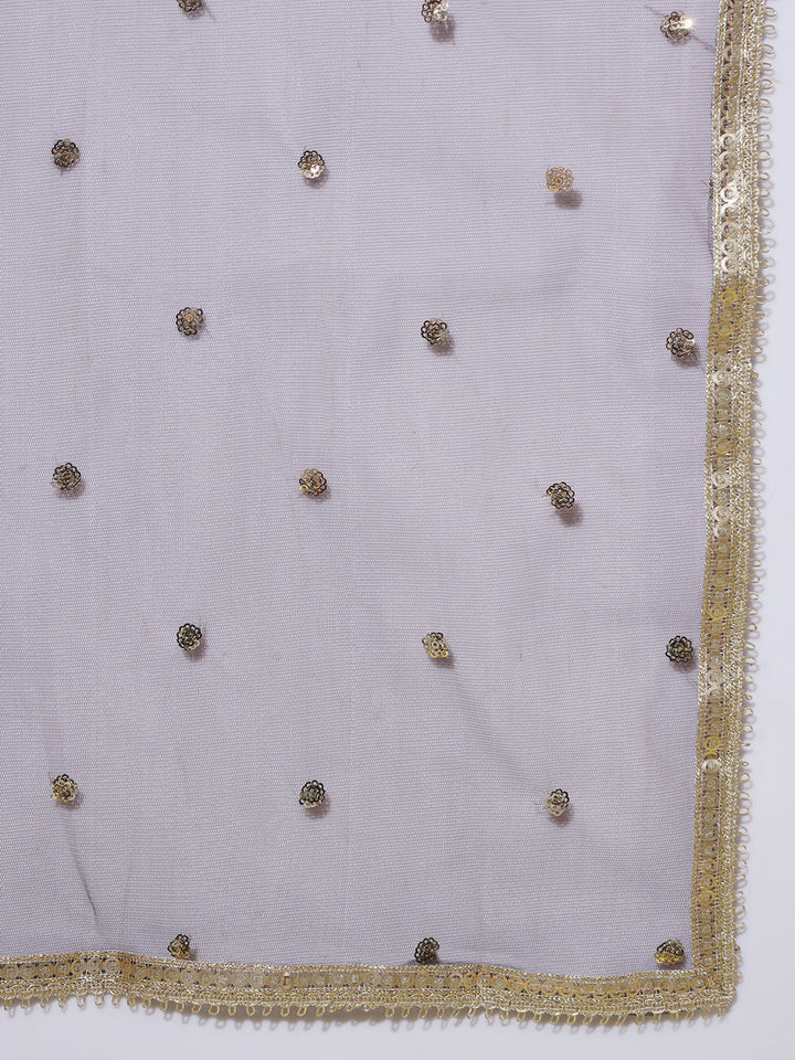 Pink Ombre Foil Print Flared Gown with Accordian Pleats & Net Dupatta