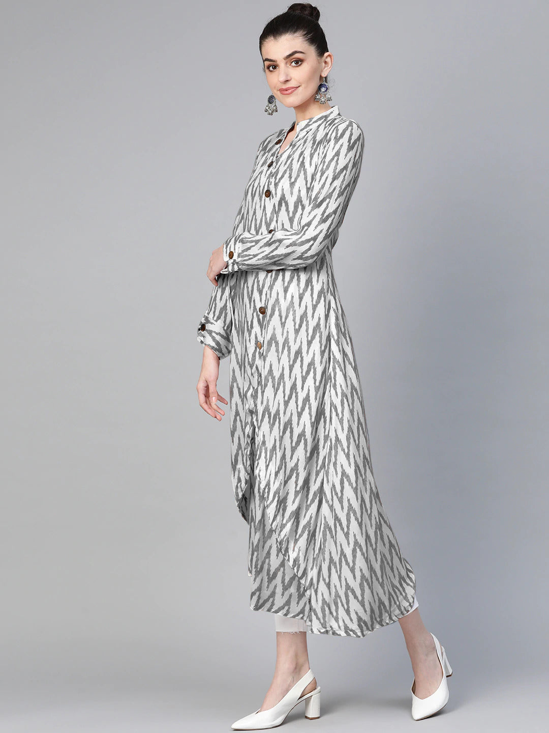 Made to Measure Ikat Inspired Print Long Dress with Wodden Buttons & High Slits