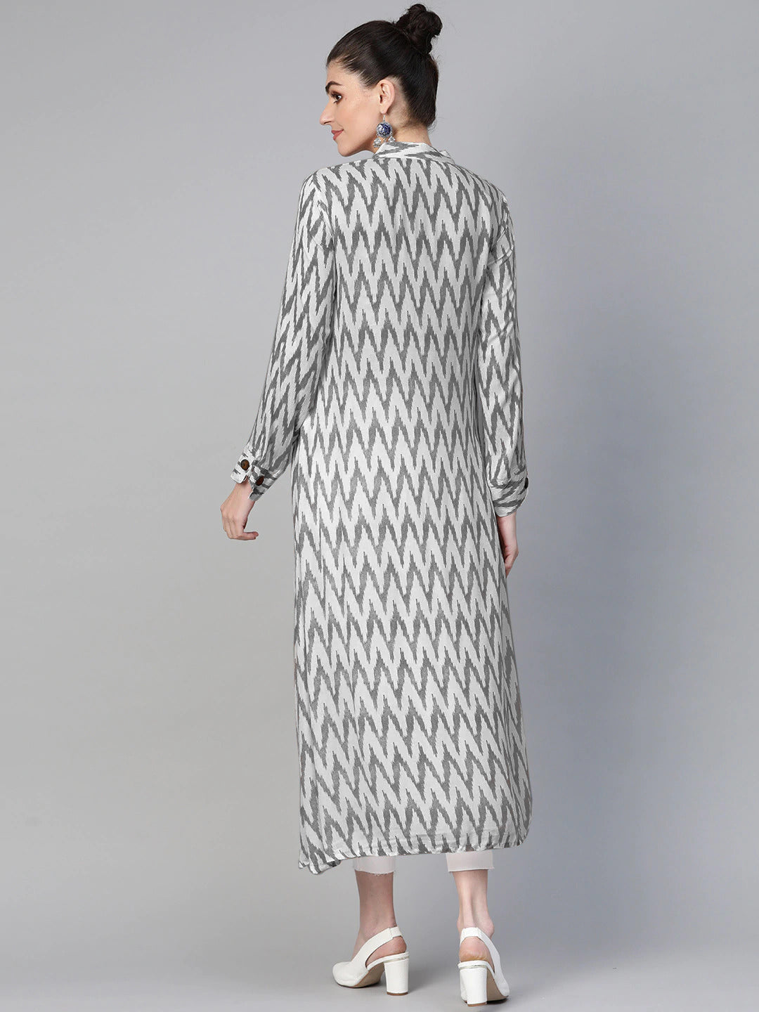 Made to Measure Ikat Inspired Print Long Dress with Wodden Buttons & High Slits