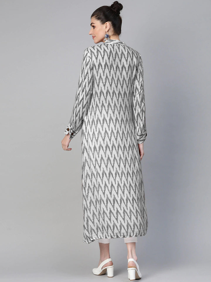 Made to Measure Ikat Inspired Print Long Dress with Wodden Buttons & High Slits