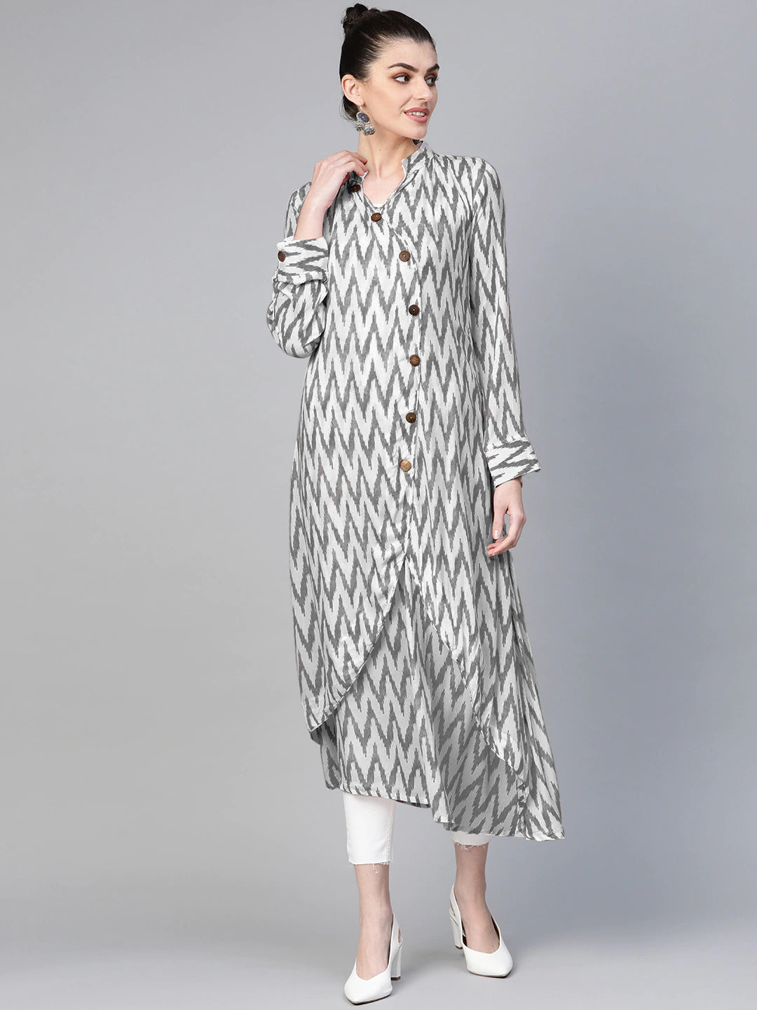 Made to Measure Ikat Inspired Print Long Dress with Wodden Buttons & High Slits