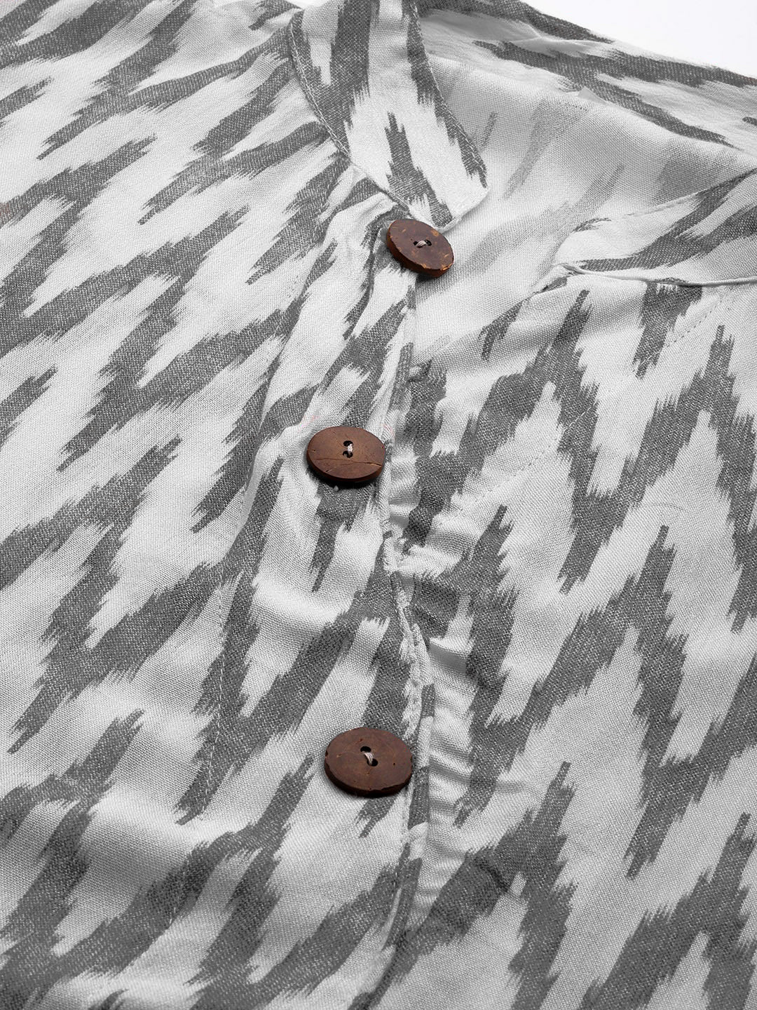 Made to Measure Ikat Inspired Print Long Dress with Wodden Buttons & High Slits