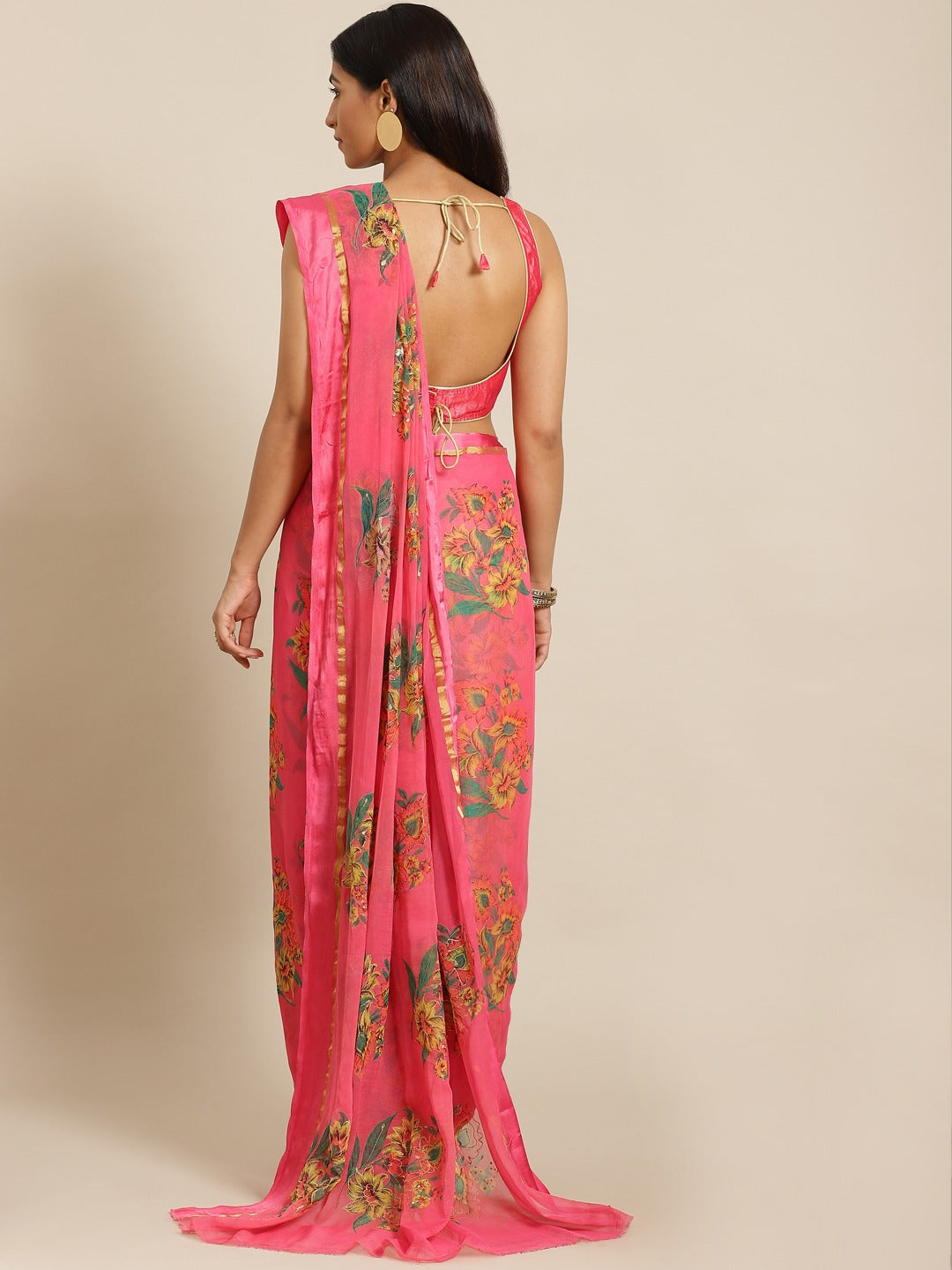 Gajari Pink Floral Digital Printed & Glitter Embellished Chiffon Saree