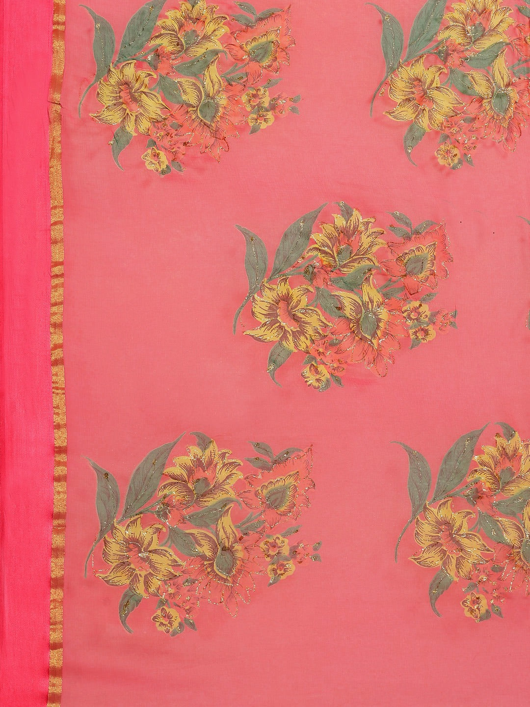Gajari Pink Floral Digital Printed & Glitter Embellished Chiffon Saree
