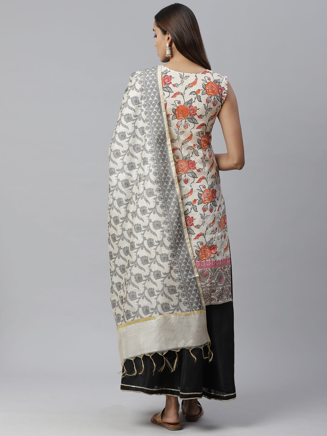 Handloom Chanderi Kurta Set with Gold Floral Weave Pattern & Banarasi Duppatta