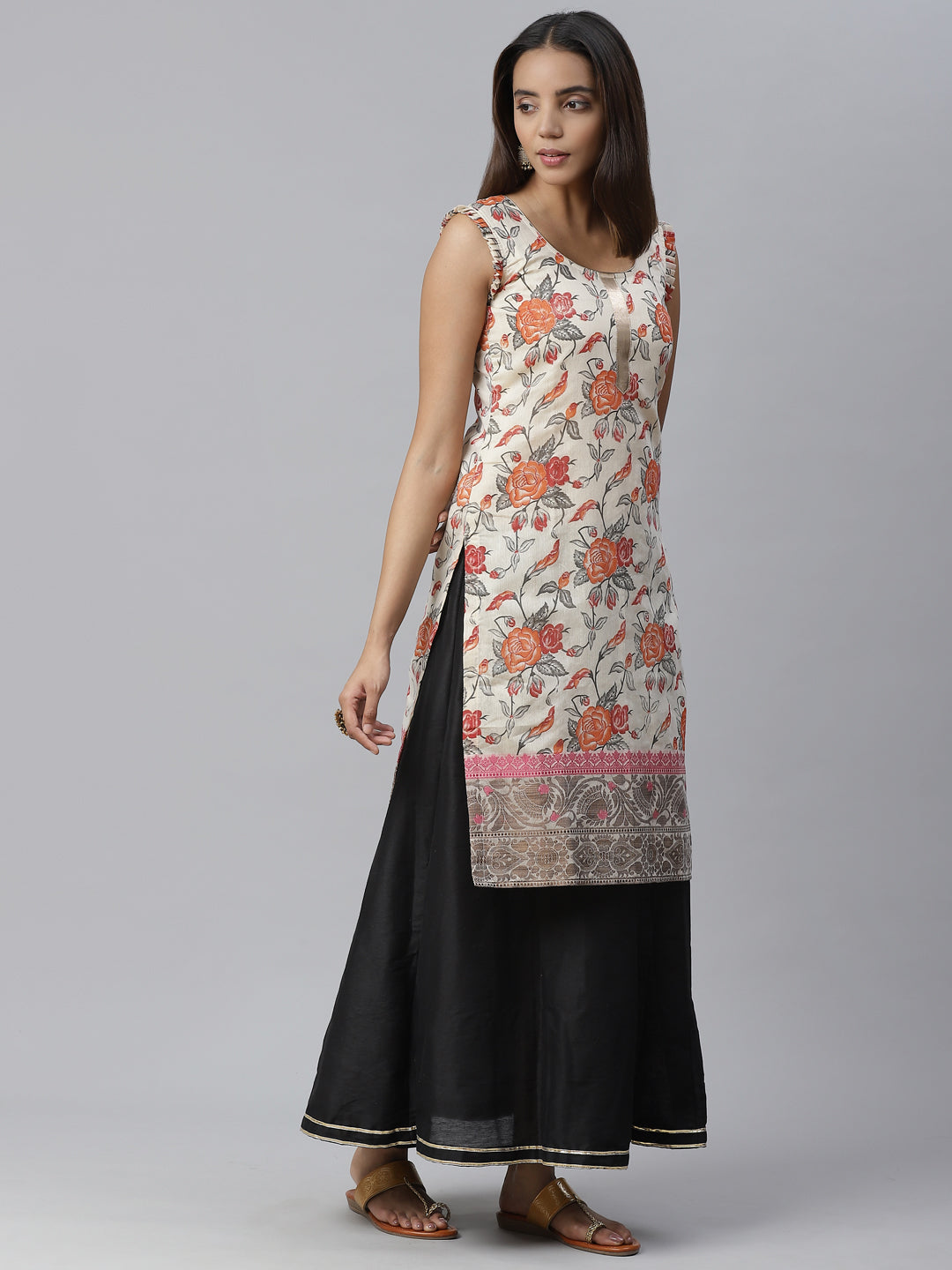 Handloom Chanderi Dress Material with Gold Floral Weave Pattern & Banarasi Duppatta