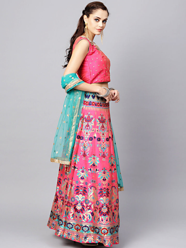 Banarasi Silk Crop Top Lehenga with Kundan Work