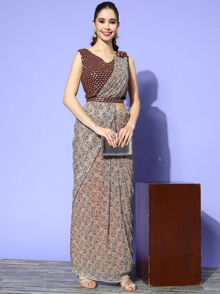 Beige & Brown Printed Draped Belted Saree & Sequins Embellish Blouse