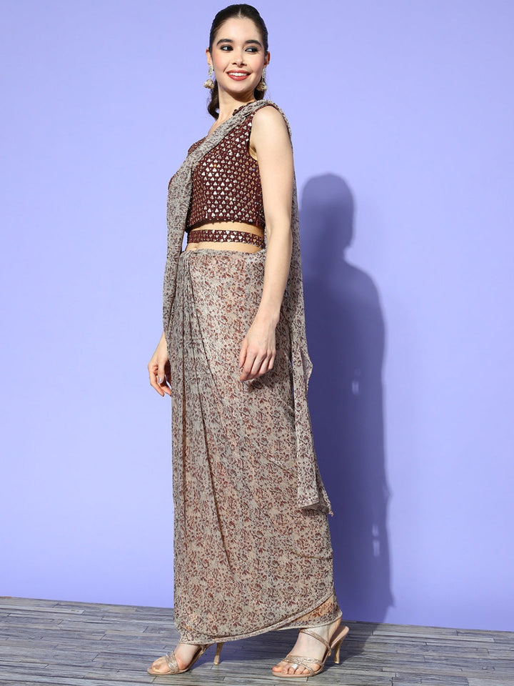 Beige & Brown Printed Draped Belted Saree & Sequins Embellish Blouse